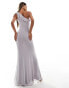 Flounce ruched mesh maxi dress with frill detail in grey