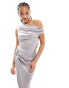 & Other Stories satin drape midaxi dress with side split and off shoulder cowl in grey