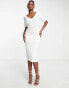 Unique21 v neck ribbed midi dress with tie detail in cream