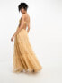 ASOS DESIGN embroidered ruched voile cut out tiered maxi dress in gold