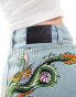 Ed Hardy micro denim mini skirt with blue embroidery and dragon bum