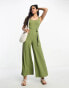 Miss Selfridge belted sweetheart neck wide leg jumpsuit in khaki