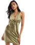 Miss Selfridge satin lace trim halter mini dress in khaki