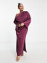 ASOS DESIGN Curve off shoulder satin maxi dress with drape detail in wine