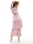 Vila Bridesmaid satin tiered maxi dress with tie belt in light pink