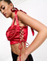 Saint Genies satin corset crop top with bunny tie in red