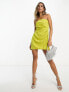 ASOS DESIGN satin bandeau mini dress with gathered waist detail in chartreuse