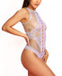 Womens 1PC Lingerie Bodysuit Patterned in Sheer Mesh and Lace with Lace Down Front Ribbon