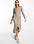 New Look v neck ribbed knitted midi dress with side split in mink