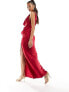 ASOS DESIGN satin cowl neck maxi dress with ruching detail in dark red