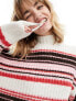 Monki mock neck chunky knit sweater in off white with multi-coloured stripes