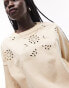 Topshop floral cutwork embroidered oversized tee in neutral