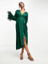 TFNC satin midi wrap dress with faux feather cuffs in emerald green