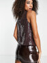 ASOS DESIGN embellished wrap neck festival blouse with pleat shoulder in chocolate sequin