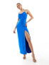 Flounce London satin strappy maxi dress with split in bright blue