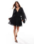 ASOS DESIGN chiffon pleated mini dress with ruched button waist and broderie neck detail in black