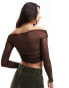 Bershka mesh bardot top in chocolate