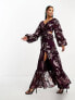 ASOS DESIGN Petite plunge pintuck maxi dress with cut out and frills in oxblood metallic floral jacquard