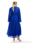 ASOS DESIGN Curve tie back fluted sleeve pleated chevron chiffon midi dress in cobalt