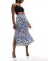 Brave Soul satin midi skirt in blue animal print