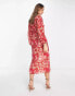 Pretty Lavish balloon sleeve button midaxi dress in red and pink floral