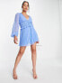 ASOS DESIGN Tall button through ruched waist pleated mini dress in metallic dobby in cornflower blue