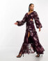 ASOS DESIGN Petite plunge pintuck maxi dress with cut out and frills in oxblood metallic floral jacquard