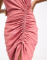 In The Style exclusive ruched split front midi dress in rose pink