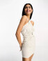 ASOS DESIGN twist neck halter mini dress with ruched skirt in oatmeal