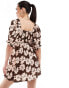 Wednesday's Girl smocked puff sleeve mini dress in brown floral