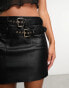 ASOS DESIGN faux leather mini skirt with double belt in washed black