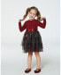 Big Girls Bi-Material Dress With Glittering Tulle Skirt Red Plaid