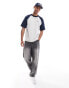 Hollister back print heavyweight boxy fit raglan baseball t-shirt in grey marl/navy