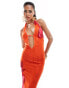 Murci halterneck plunge neck maxi dress in orange and pink flower print