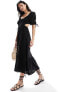 The Frolic fin linen shirred front puff sleeve midi beach dress in black