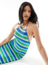 The Frolic ophina halter neck tie detail tonal metallic stripe maxi beach dress in blue and green