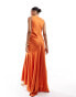 ASOS DESIGN satin high neck drape maxi dress with puddle hem in burnt orange