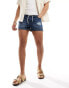 ASOS DESIGN shorter length slim denim shorts with distressing in dark wash blue