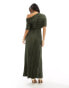 ASOS DESIGN Petite two in one fallen shoulder plisse maxi dress in khaki