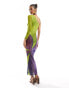 Farai London Nyx mesh one shoulder bodycon maxi dress in purple and lime flower