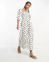 ASOS DESIGN linen look shirred bodice puff sleeve jumpsuit in mono spot print