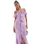 ASOS DESIGN frill bardot bias cut maxi dress in floral jacquard in lilac