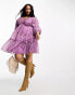 ASOS DESIGN Curve lace trim plunge batwing mini dress with pep hem in lilac floral dobby