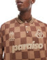 ASOS DESIGN oversized long sleeve polo with paraiso chest print in brown check