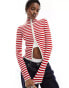 Monki cropped knitted cardigan with front zip in red and beige stripes