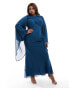 ASOS DESIGN Curve exaggerated sleeve wrap bias maxi dress in crinkle chiffon in steel blue