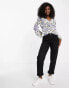 ASOS DESIGN long sleeve ruched front blouse with pleated peplum hem in floral & spot