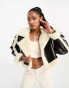 Aria Cove faux shearling contrast leather look cropped coat in black and cream