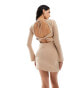 ASOS DESIGN racer cut out long sleeve mini dress with open back in camel