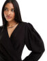 & Other Stories long sleeve wrap mini dress with extended shoulders in black